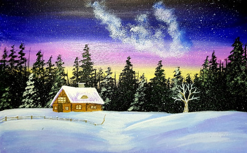 Lorna, woodland cabin, acrylic.jpg